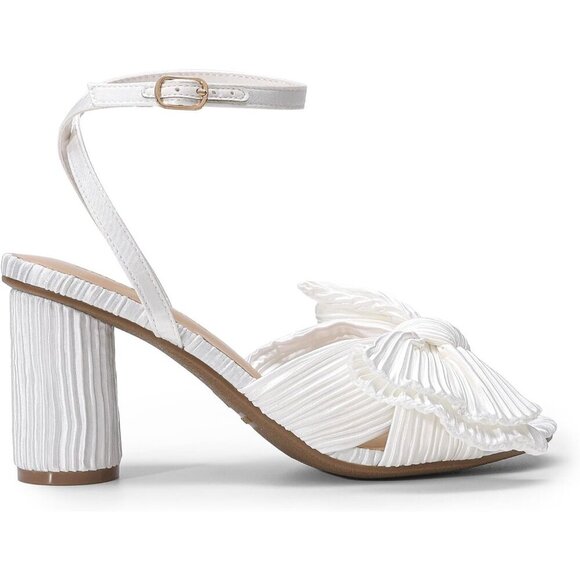 🆕Women's White Bow Knot Chunky Block Heel Open Toe Ankle Strap Slingback Sandal - Picture 2 of 7